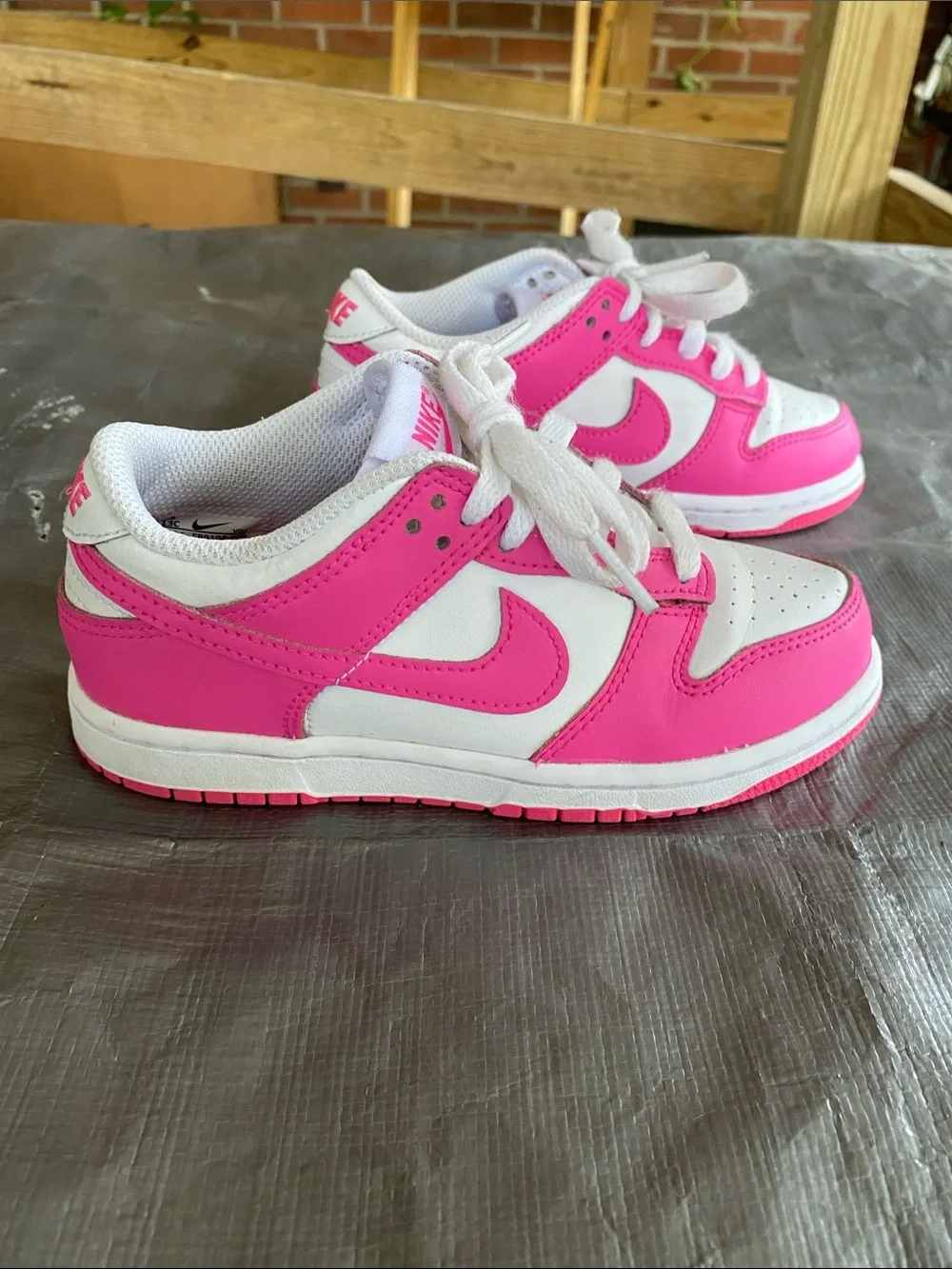 Kid Girls Nike Dunk Low Laser Fuchsia Pink and White Athletic Sneakers Size 13